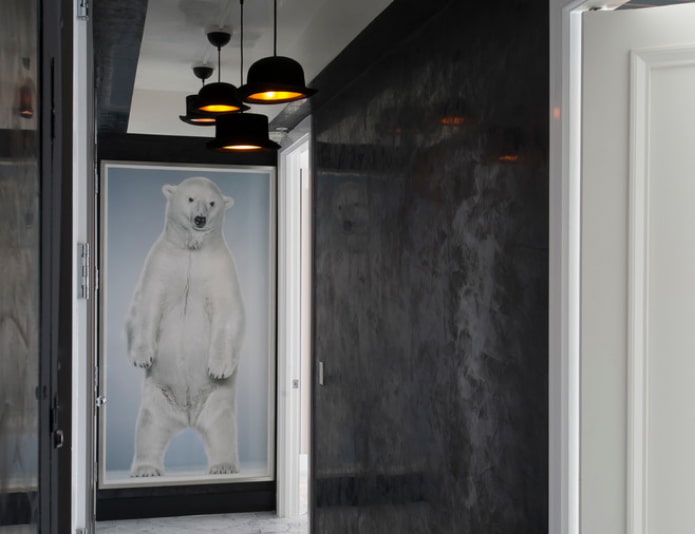 narrow photomurals with a polar bear in the hallway