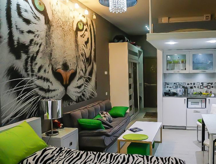 enlarging wallpaper with tiger in the kitchen-living room