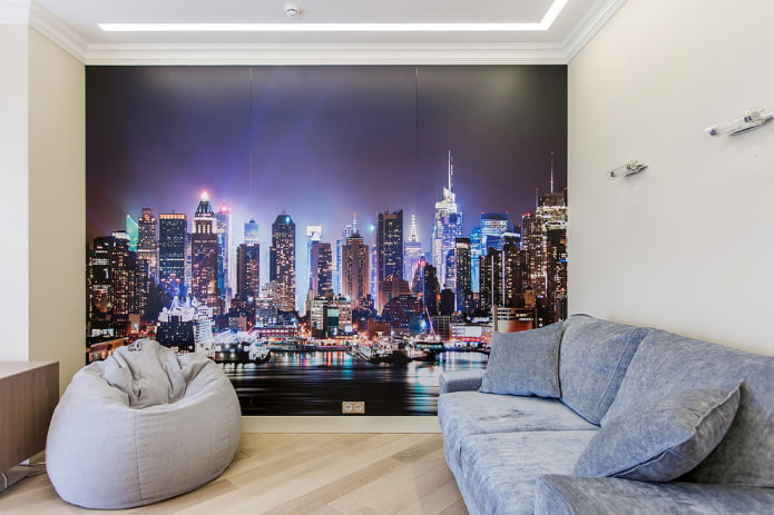 wallpaper depicting the city at night in the living room