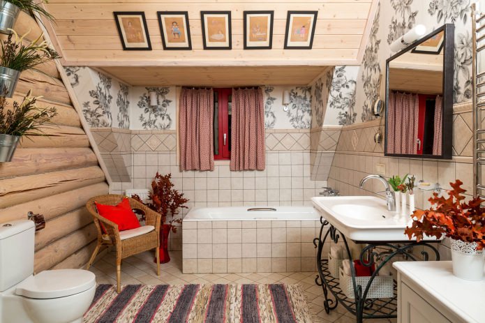 bathroom design in a wooden log house