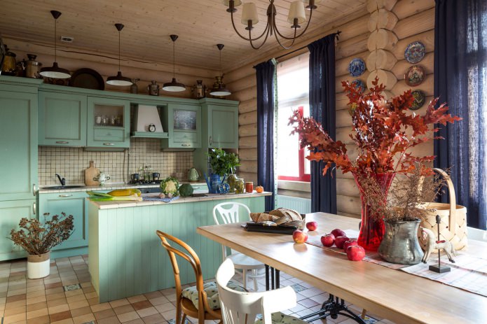 kitchen design in a wooden house made of logs