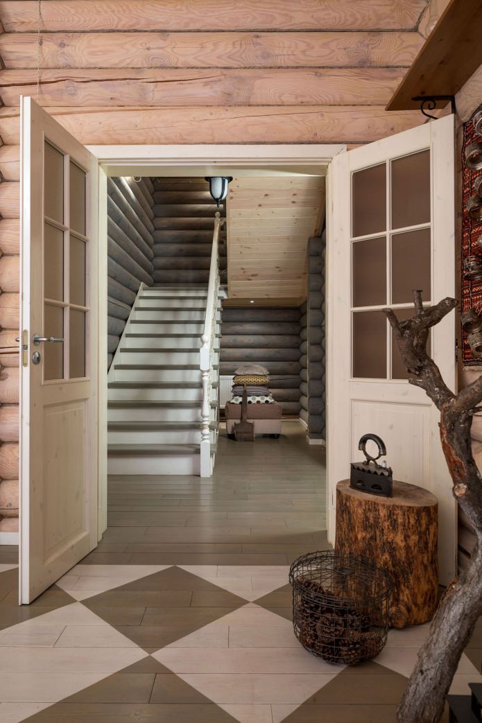 design of a hallway in a wooden house made of logs