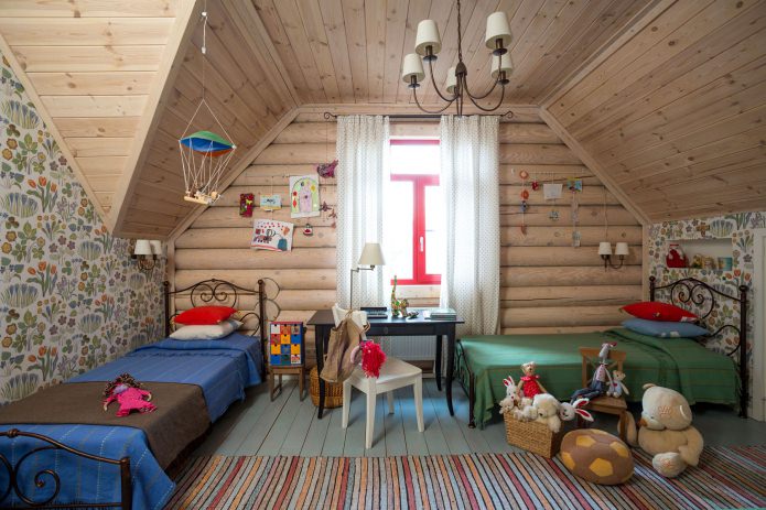 design of a nursery in a wooden log house