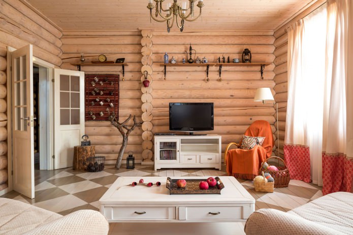 living room design in a wooden house made of logs