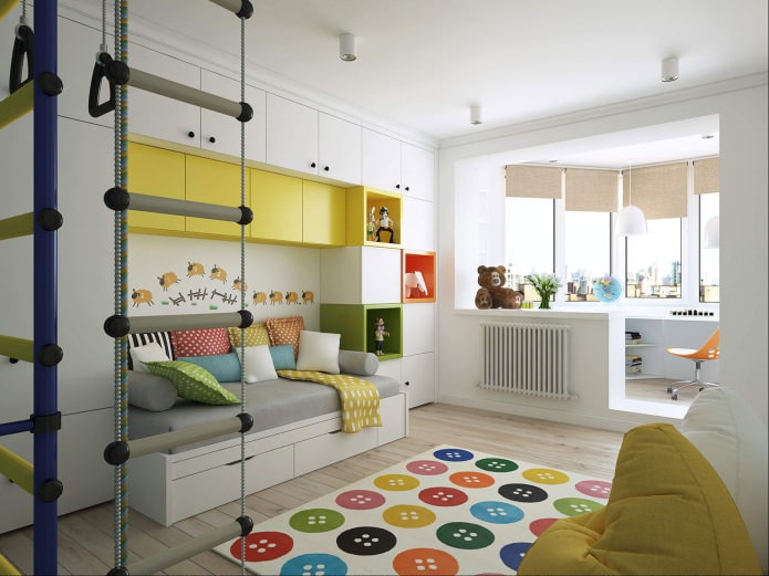 children's room with a workplace on the balcony