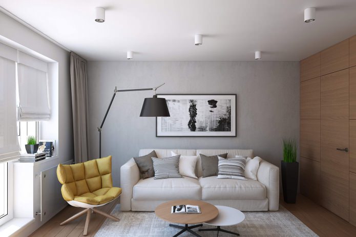living room design in a studio apartment of 43 sq. m.
