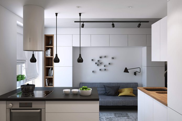 design of a kitchen-living room in a studio apartment of 43 sq. m.