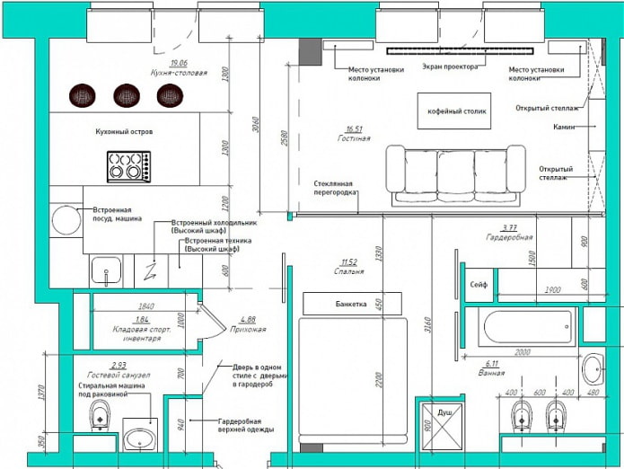 ang layout ng apartment ay 67 sq. m