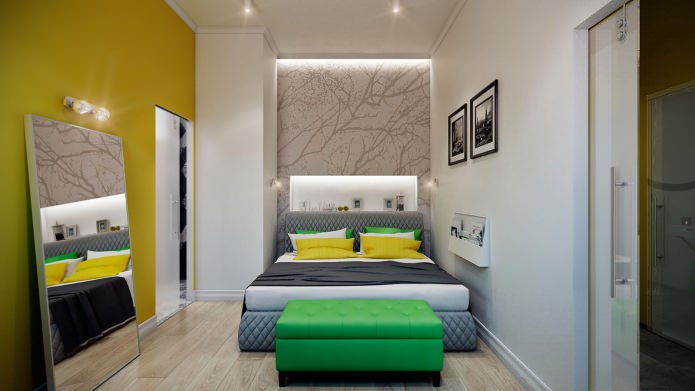 hálószoba egy elegáns, modern lakás belsejében