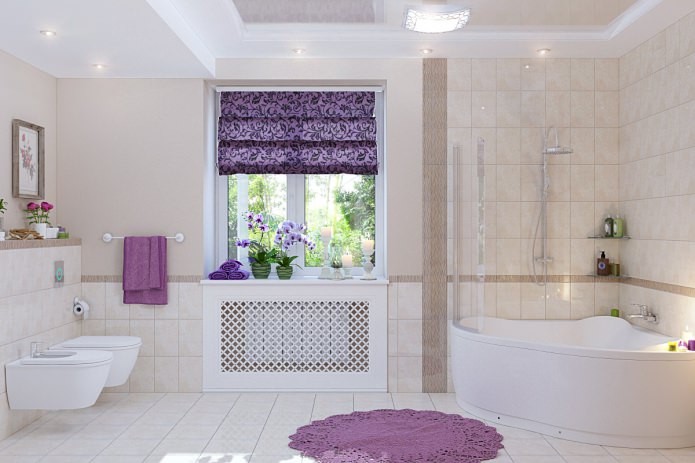 window decoration with roman blinds in the bathroom