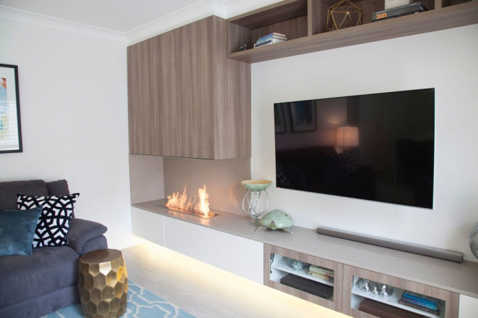 living room interior with a biofireplace built into the worktop