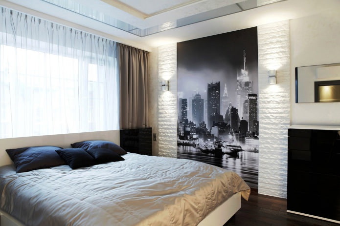 Photo wallpaper with the image of the metropolis on the wall in the bedroom