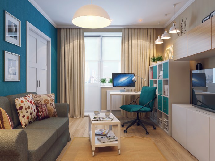 living room interior with a workplace of 18 sq. m.