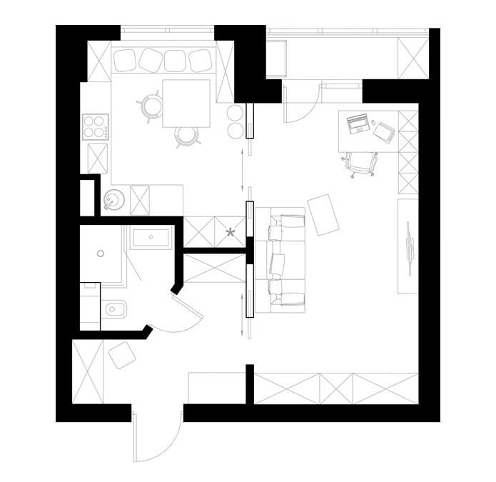 Grundriss einer Einzimmerwohnung 39 qm m.