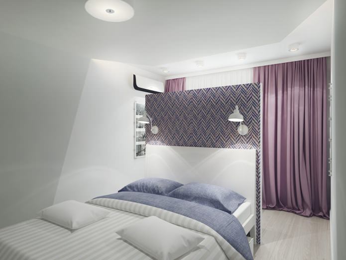 bedroom interior with purple curtains