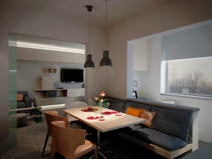 Küchendesign kombiniert mit Balkon in einem Studio-Apartment der Serie P-44