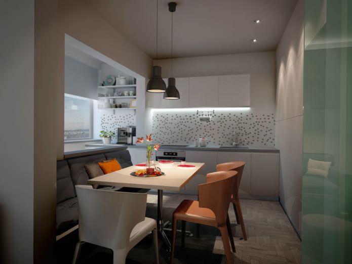 kitchen design combined with a balcony in a studio apartment of the P-44 series