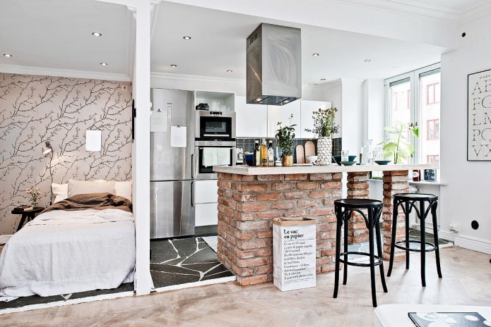scandinavian kitchen design with brick bar counter