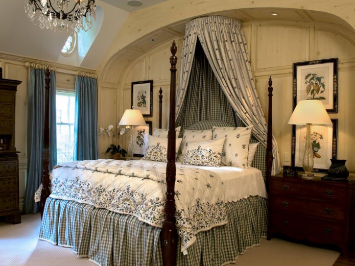 interior of an english bedroom with a canopy