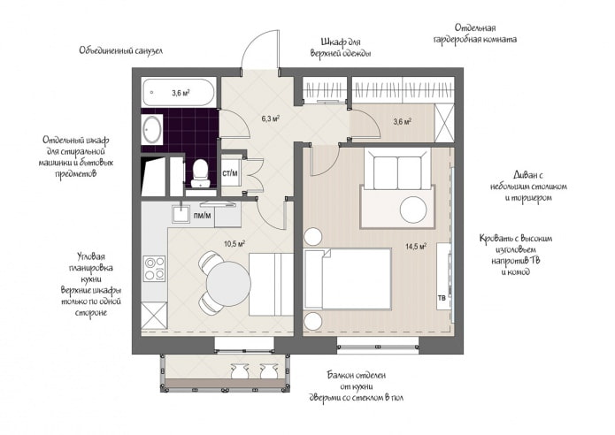 Plan für die Anordnung der Möbel in einer Einzimmerwohnung von 38 qm. m im Haus der KOPE-Serie