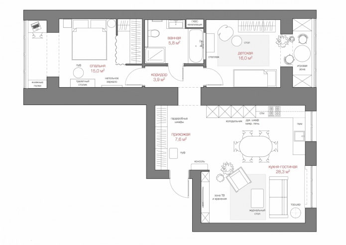 layout ng isang tatlong-silid na apartment 80 sq. m. may pag-aayos ng kasangkapan