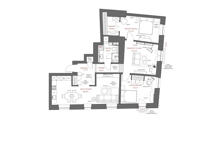 ang layout ng apartment ay 100 sq. m