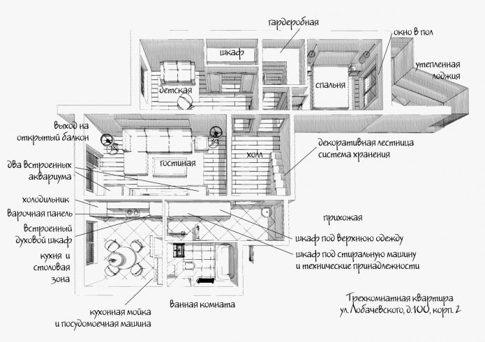 Layout with furniture arrangement for a 3-room apartment in a house of the P-3 series