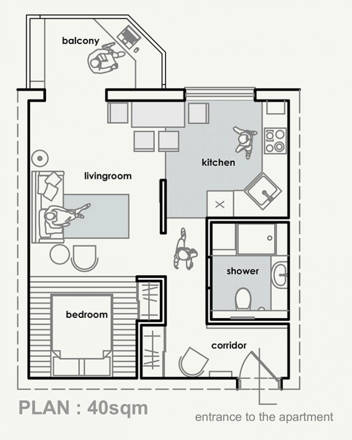 Der Grundriss der Wohnung beträgt 40 qm. m.