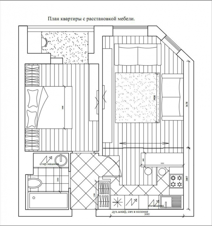 Grundriss einer Zweizimmerwohnung 50 qm m.