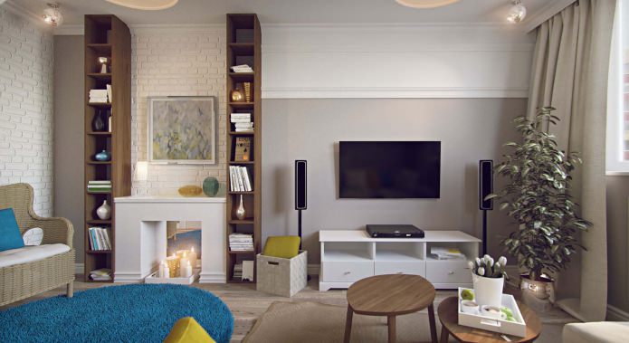living room with a false fireplace in a one-room apartment of 43 sq. m.