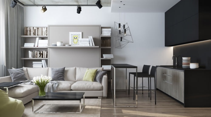 Modernes Design eines Wohnzimmers kombiniert mit einer Küche in einem Studio-Apartment