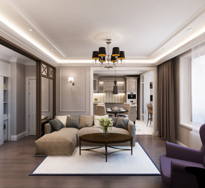 project of a two-room apartment in brown and beige tones
