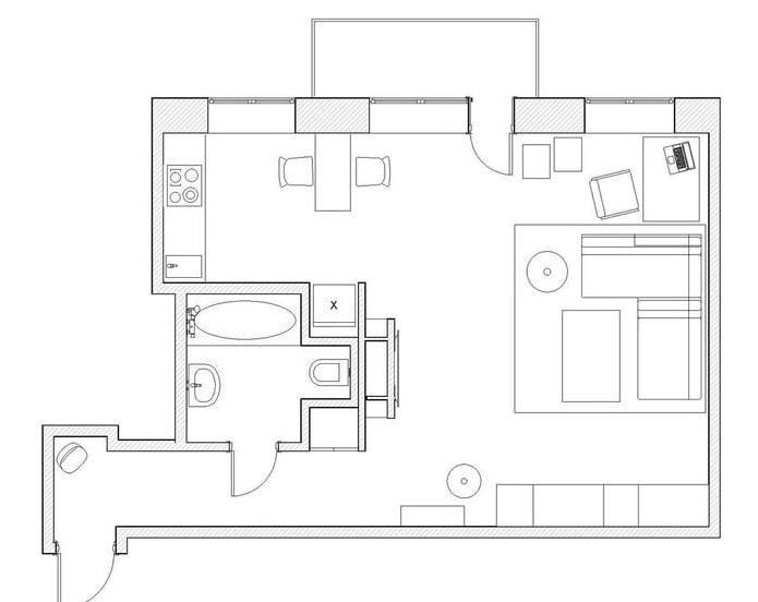 layout of a one-room studio apartment