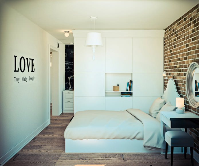 bedroom in the project of a corner studio apartment of 32 sq. m.