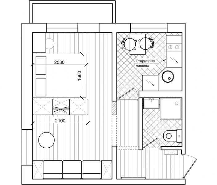 the layout of a corner studio apartment of 32 sq. m.