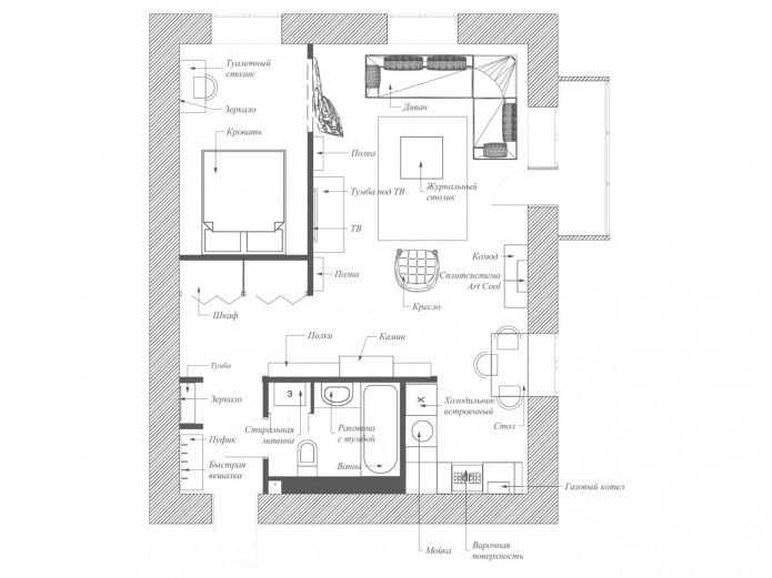 layout ng isang studio apartment na 56 sq. m