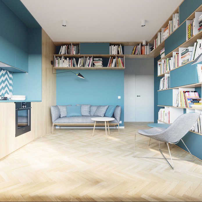 design of a studio apartment of 40 sq. m. in white and turquoise colors