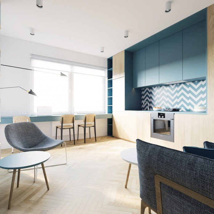 Küche in einem Studio-Apartment von 40 qm. m. in Türkisfarben