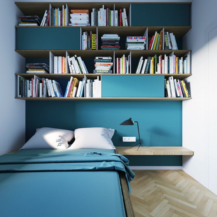 hálószoba design türkiz színben egy stúdió apartmanban