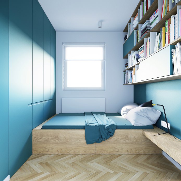 hálószoba design türkiz színben egy stúdió apartmanban