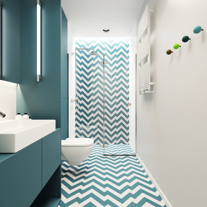 fürdőszoba design fehér és türkiz színben