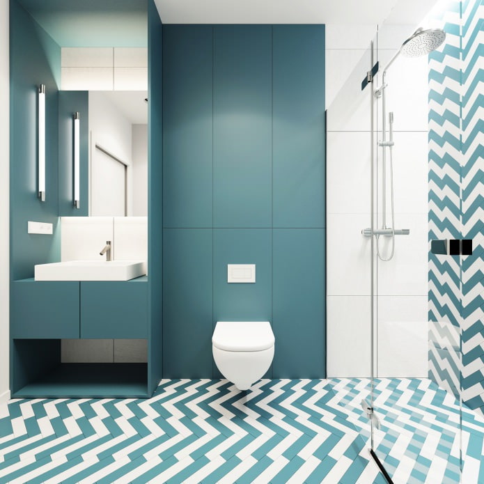 fürdőszoba design fehér és türkiz színben