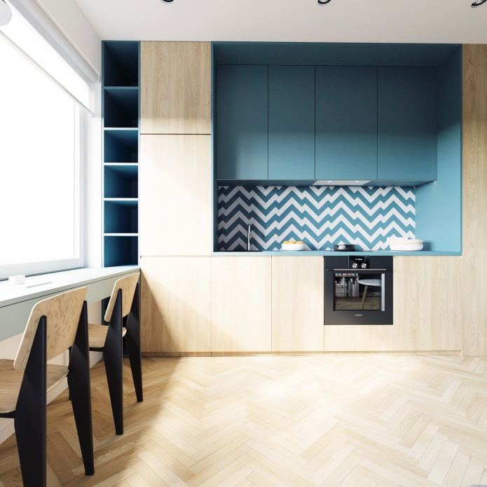 kitchen in a studio apartment of 40 sq. m. in turquoise colors
