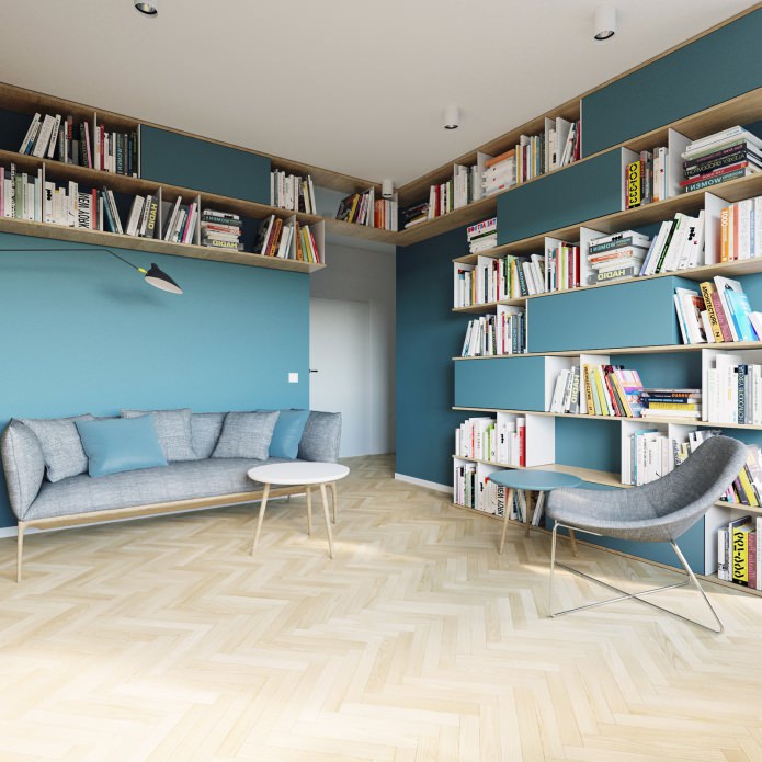 design of a studio apartment of 40 sq. m. in white and turquoise colors