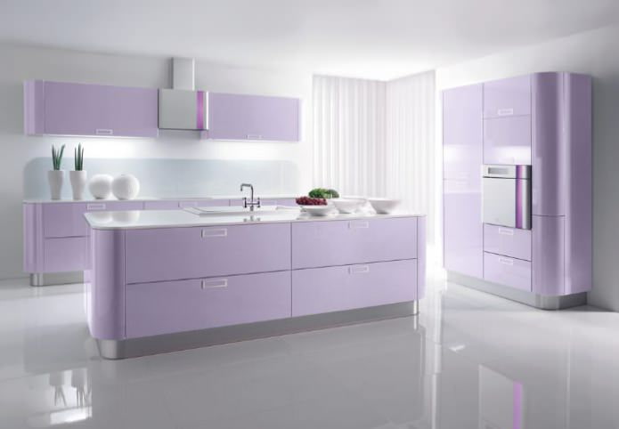 kitchen in white and lilac colors