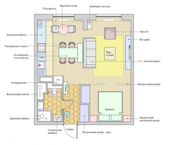 ang layout ng apartment ay 46 sq. m