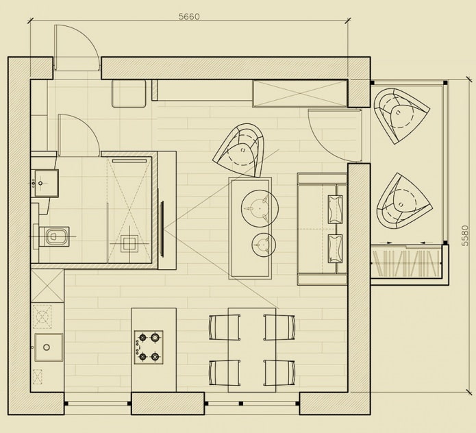 Ang layout ng apartment ay 31 sq. m
