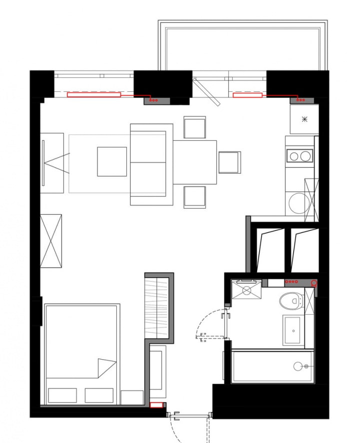 Grundriss eines Studio-Apartments 33 qm m.