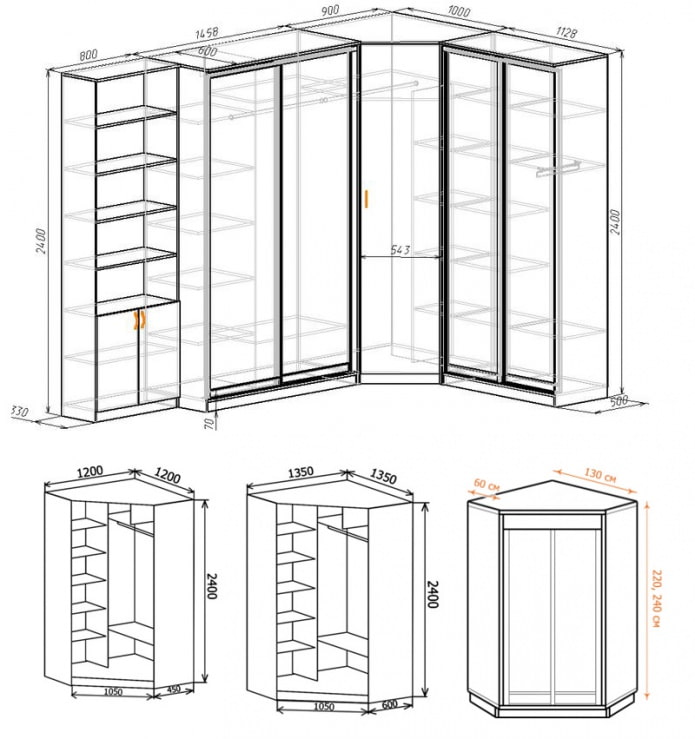 Examples of layouts of corner cabinets with dimensions
