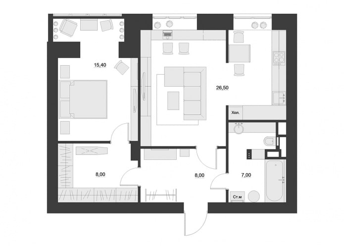 Ang layout ng apartment ay 65 sq. m